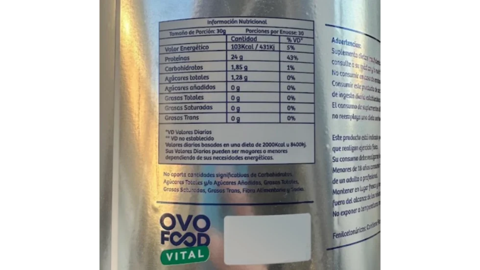 Informacion nutricional proteina de clara de huevo